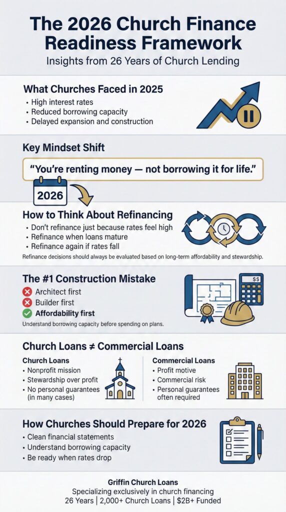 Infographic explaining the 2026 church finance readiness framework, including refinancing guidance, construction planning mistakes, differences between church and commercial loans, and preparation steps based on 26 years of church lending experience.