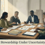 Illustration representing church leaders choosing deliberation and financial stewardship under uncertainty.