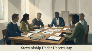 Illustration representing church leaders choosing deliberation and financial stewardship under uncertainty.