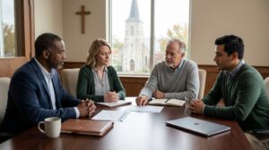 Church board members meeting in a conference room to review financing decisions